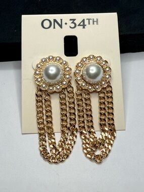 ON·34TH Gold Pearl-Front Chain Drop Earrings